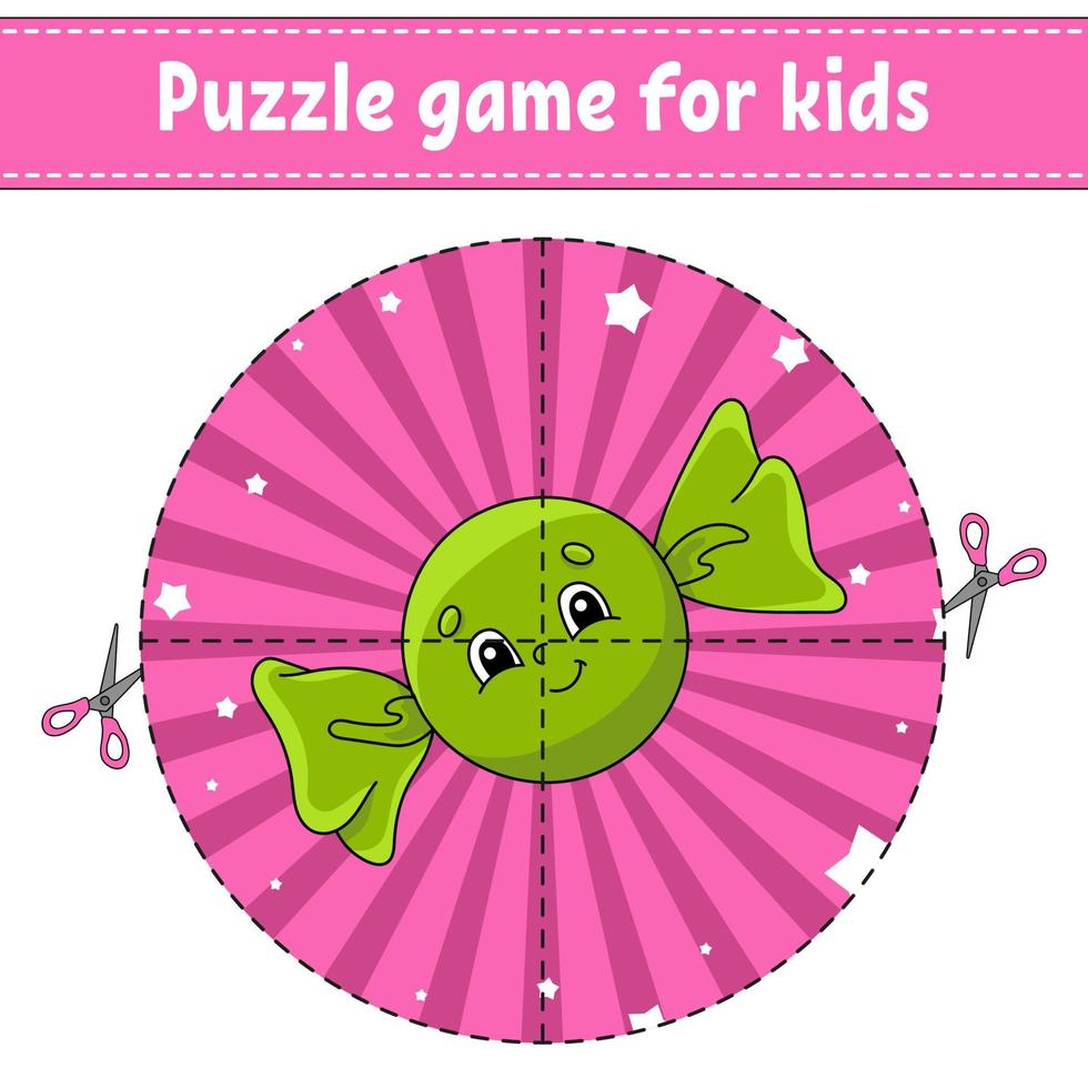Cut and play. Round puzzle. Logic puzzle for kids. Activity page. Birthday theme. Cutting practice for preschool. cartoon character. vector