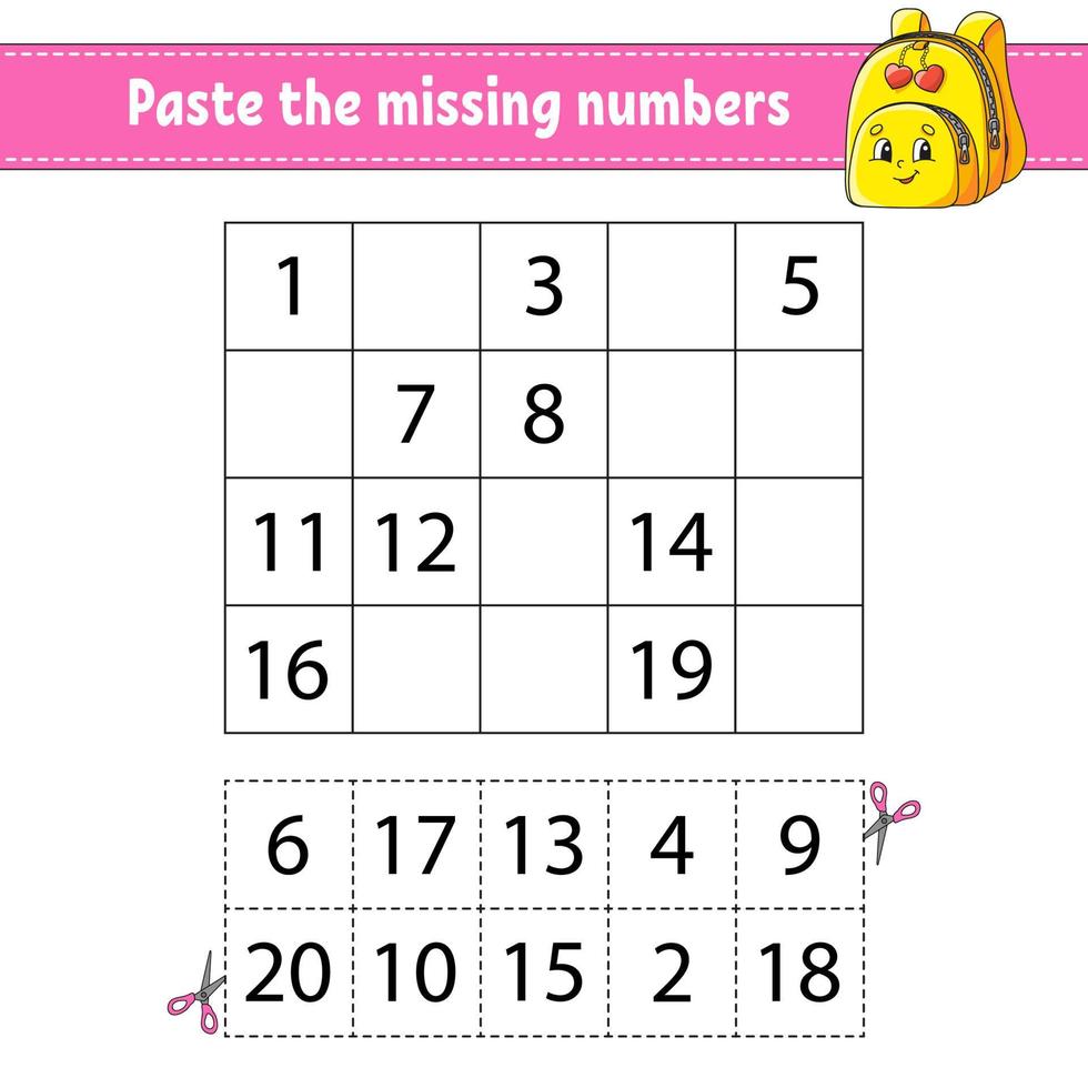 Paste the missing numbers 1-20. Game for children. Handwriting practice. Learning numbers for kids. Education developing worksheet. Activity page. Isolated vector illustration in cute cartoon style.