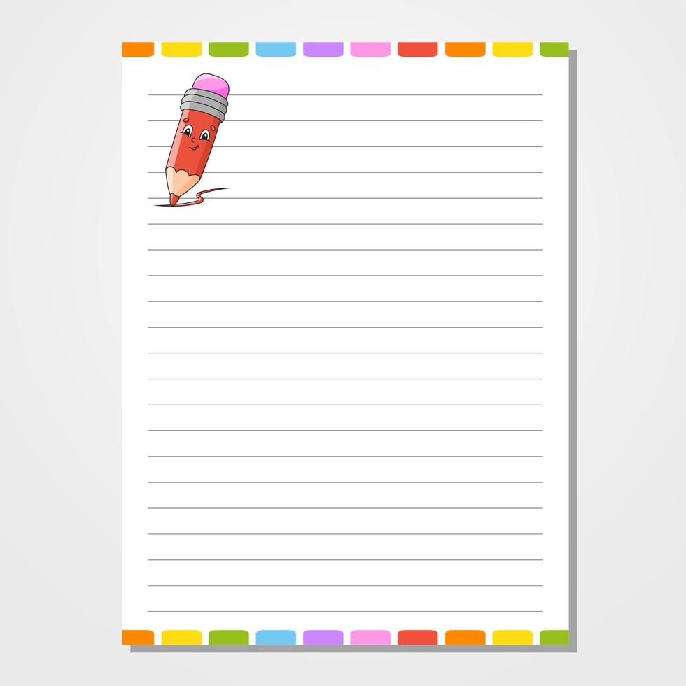 Sheet template for notebook, notepad, diary. Lined paper. Cute character. With a color image. Isolated vector illustration. cartoon style.