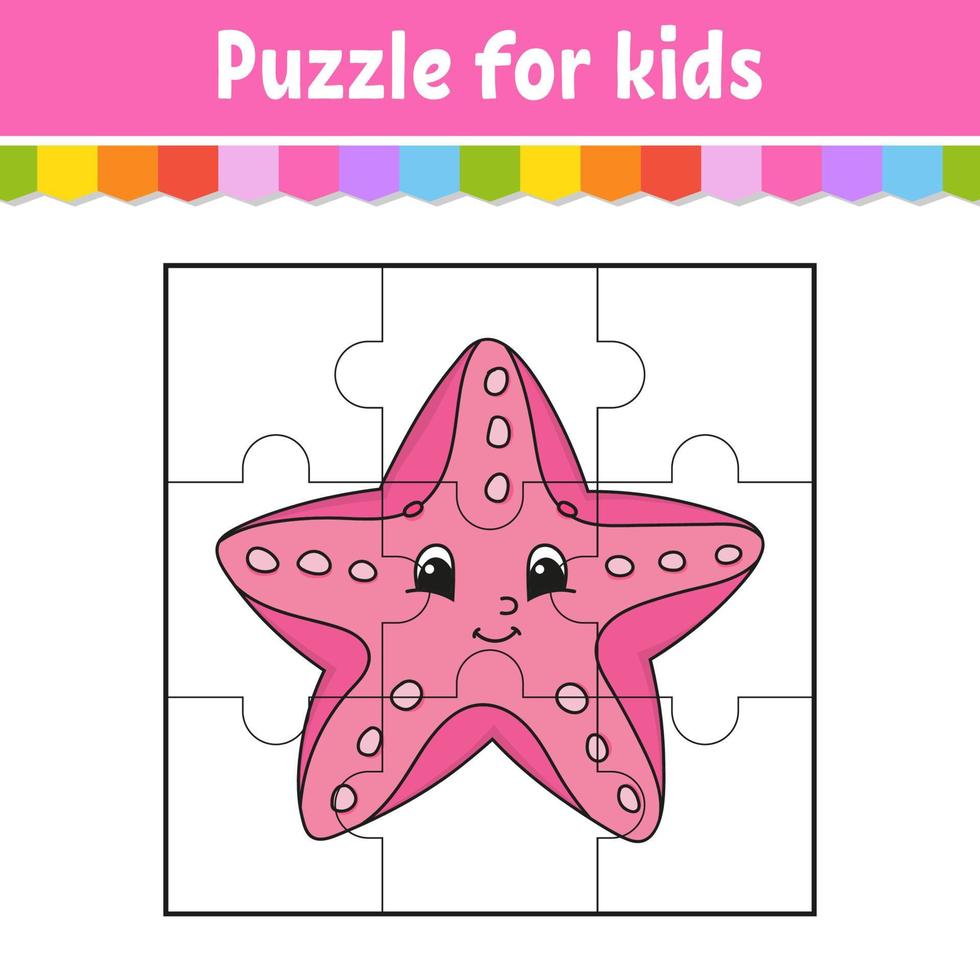 Puzzle game for kids. Sea starfish. Jigsaw pieces. Color worksheet. Activity page. Isolated vector illustration. cartoon style.