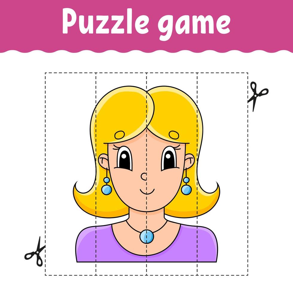 Puzzle game for kids. Cutting practice. Education developing worksheet. Activity page. cartoon character. Vector illustration.