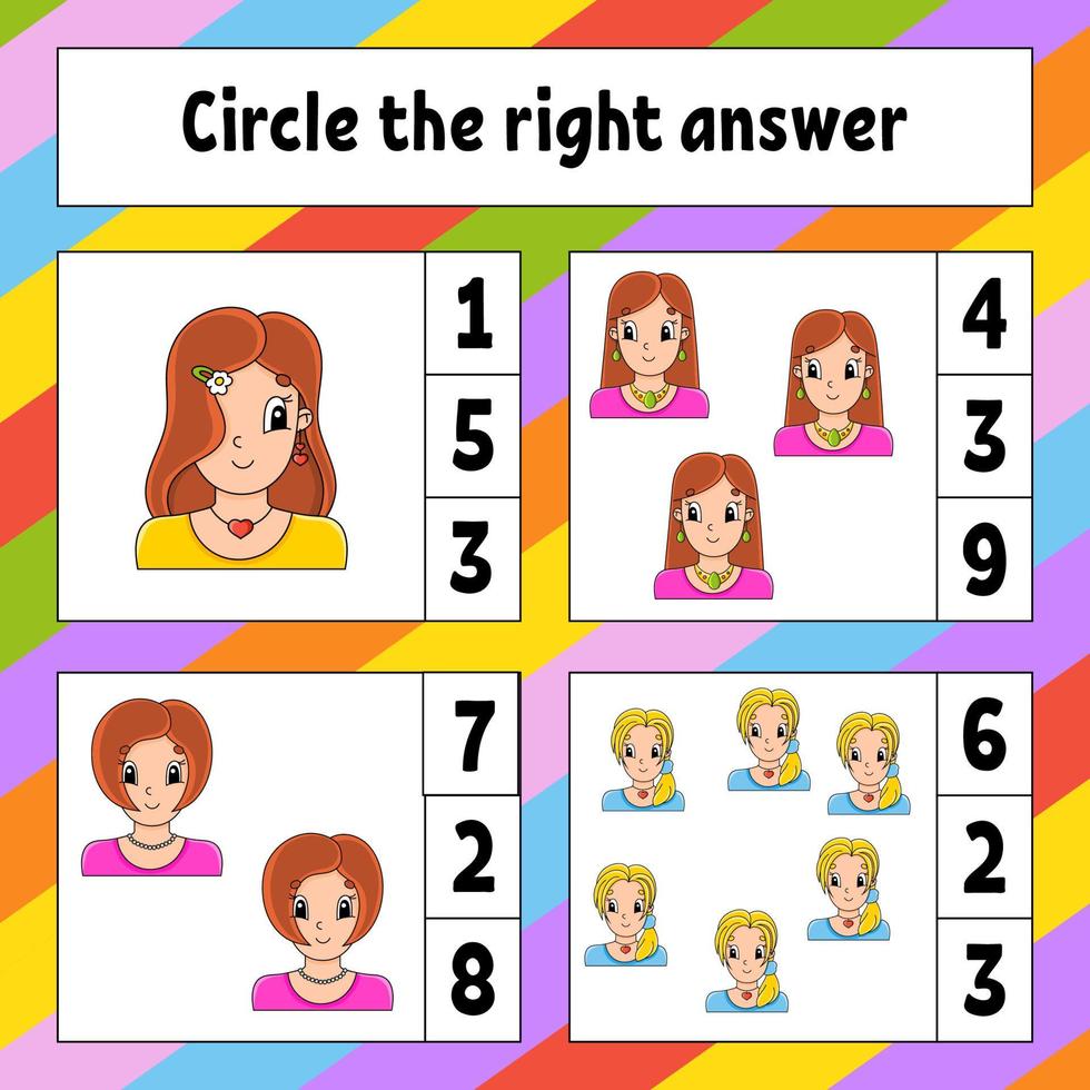 Circle the right answer. Education developing worksheet. Activity page with pictures. Game for children. Color isolated vector illustration. Funny character. cartoon style.