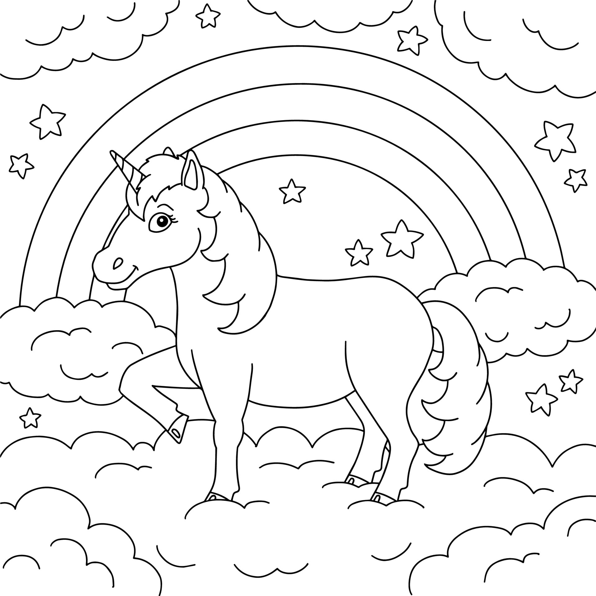 Magic fairy unicorn. Cute horse. Coloring book page for kids. Cartoon