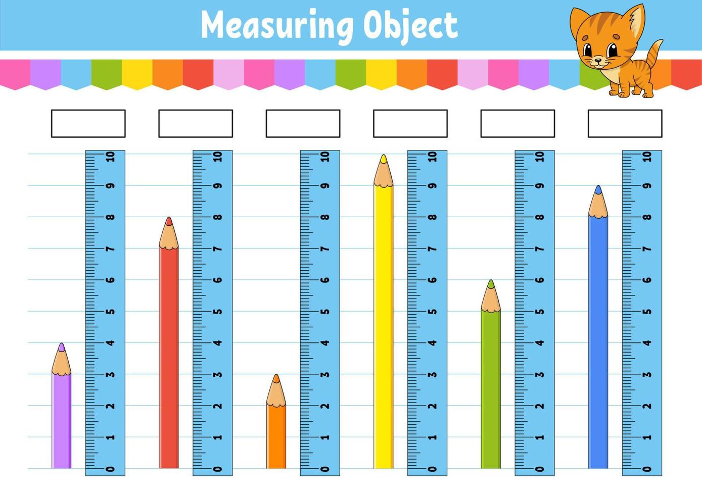 Measuring length in centimeter with ruler. Education developing worksheet. Game for kids. Color activity page. Puzzle for children. Cute character. Vector illustration. cartoon style.