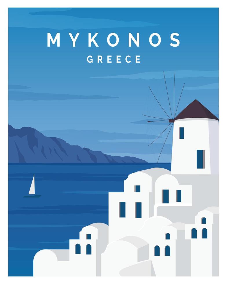 mykonos grecia vector ilustración de fondo. ilustración de vector de dibujos animados plana en estilo de color. adecuado para tarjeta, póster, impresión de arte