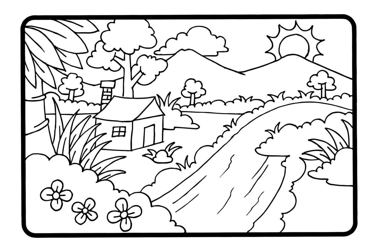 vista a la montaña para colorear libro o página, educación para niños vector