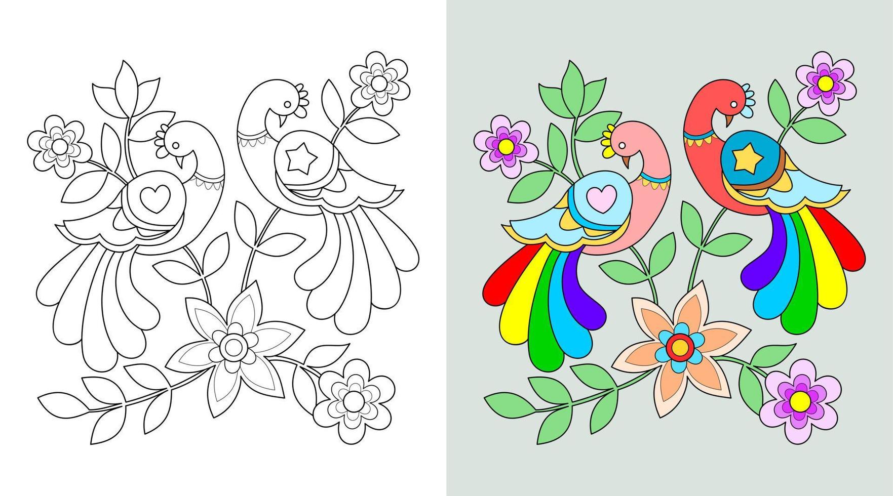 flowers and Birds coloring book or page, vector illustration.