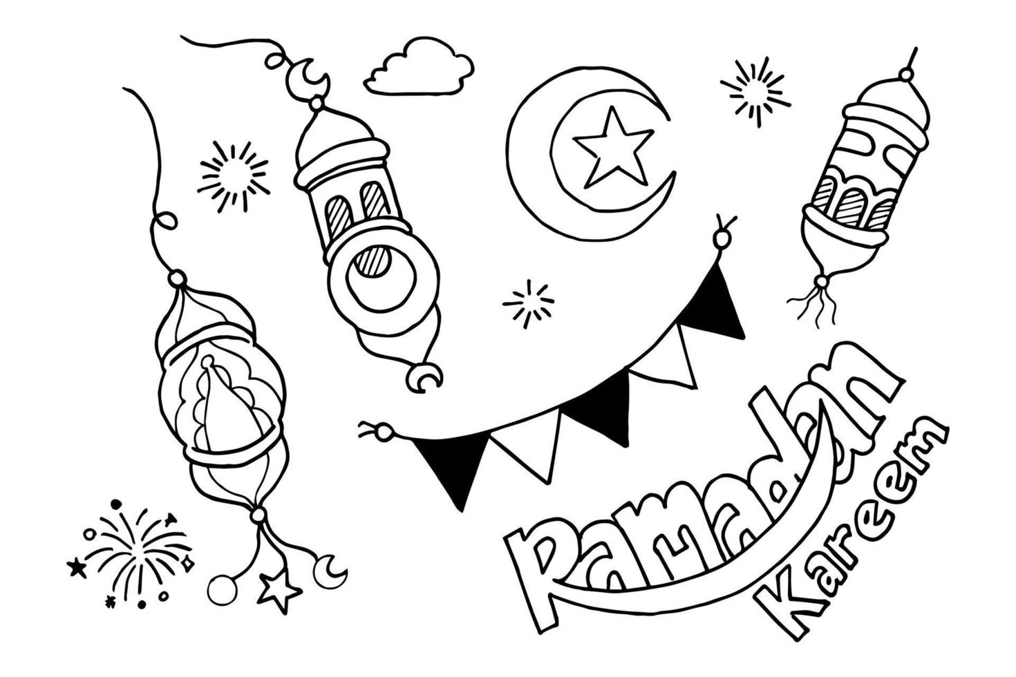 Doodles line art of ramadan kareem greeting card concept. Vector illustration.