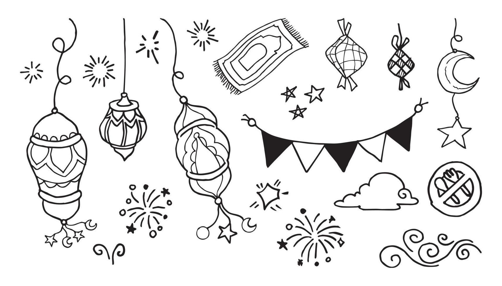 Doodles line art of ramadan kareem greeting card concept. Vector illustration.