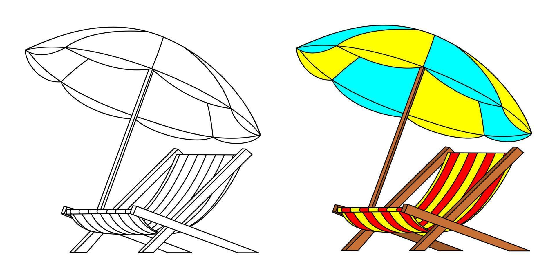 sombrillas y sillas de verano, libro para colorear o página, ilustración vectorial vector