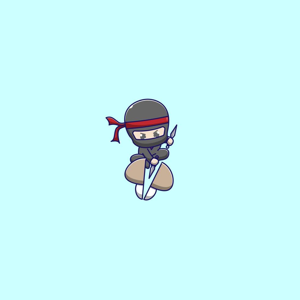 cute ninja cutting mushrooms vector