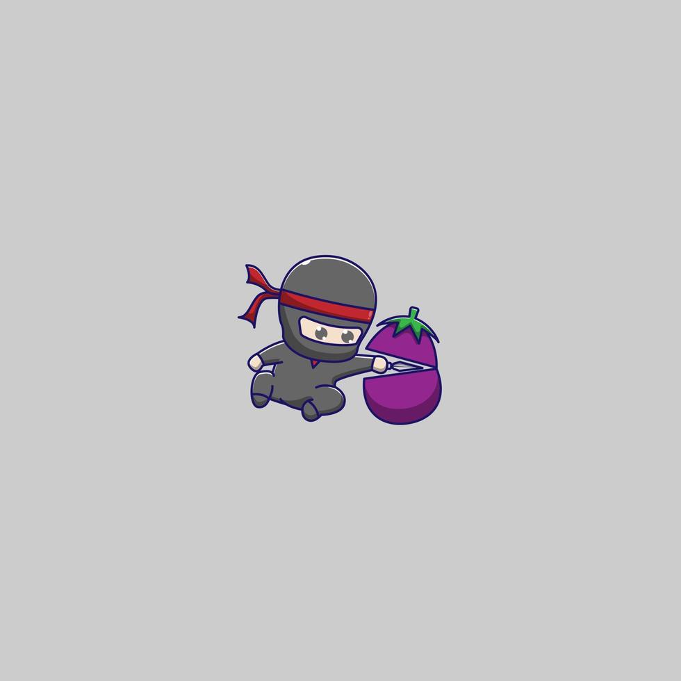 cute ninja is cutting eggplant vector