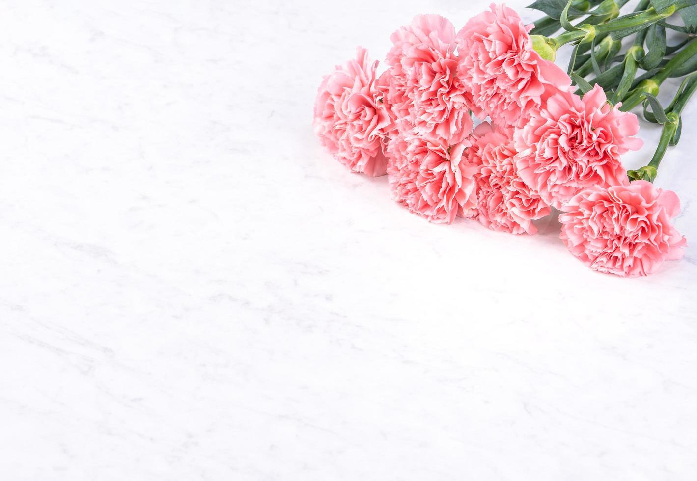 Design concept - Beautiful bunch of carnations on marble white background, top view, copy space, close up, mock up. Mothers day gift idea inspiration. photo