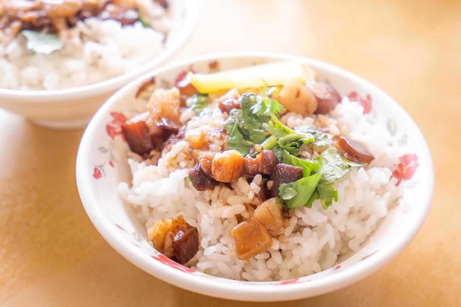 estofado de cerdo sobre arroz - famoso manjar tradicional de comida callejera de taiwán. cerdo guisado con soya sobre arroz. concepto de diseño de viajes. vista superior, espacio de copia, primer plano foto