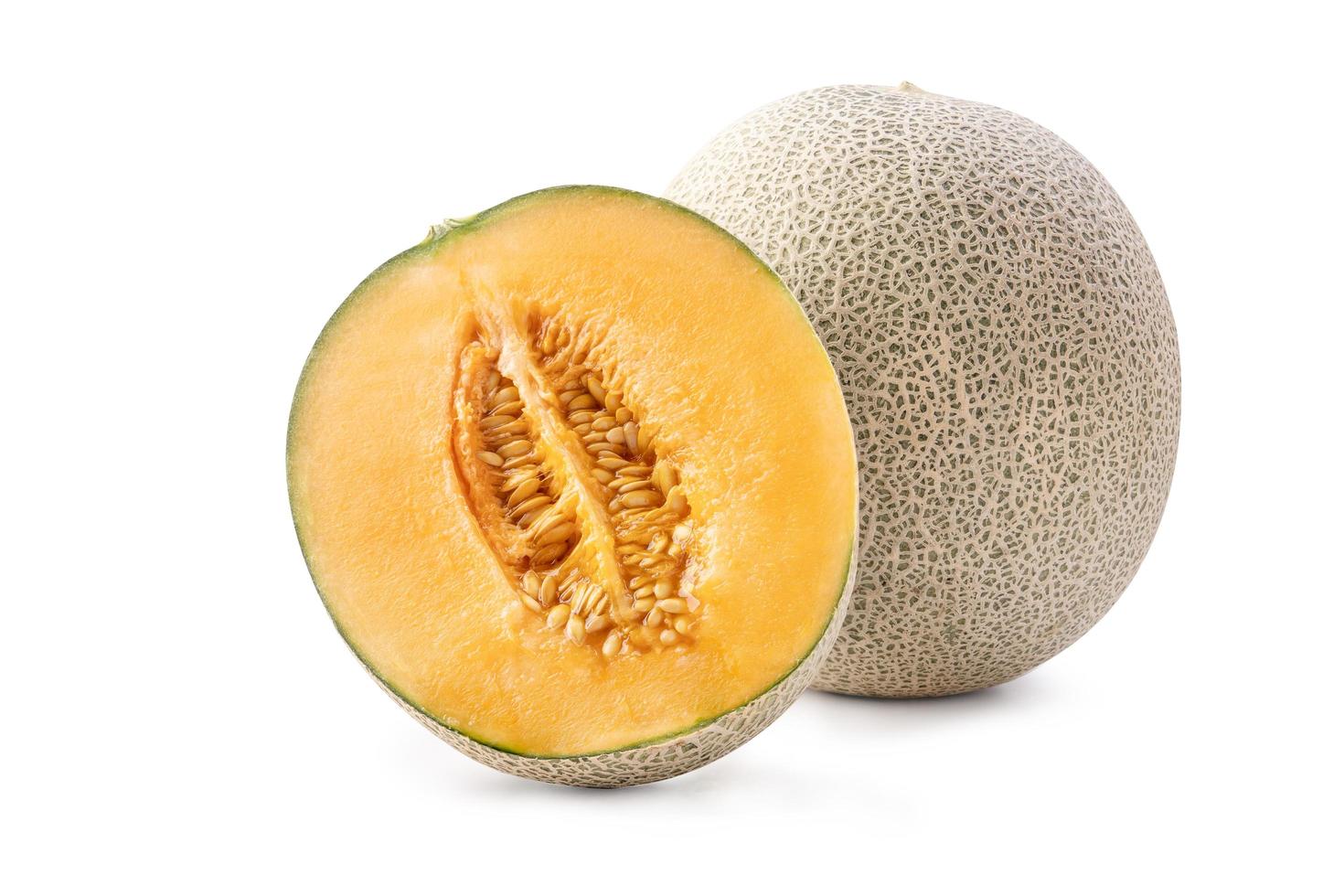 Beautiful tasty sliced juicy cantaloupe melon, muskmelon, rock melon isolated on white background, close up, clipping path, cut out. photo