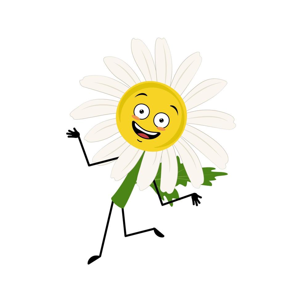 personaje de manzanilla con loca emoción feliz, cara alegre, ojos sonrientes, brazos y piernas bailando. persona con expresión divertida, héroe de la flor de la margarita. ilustración plana vectorial vector