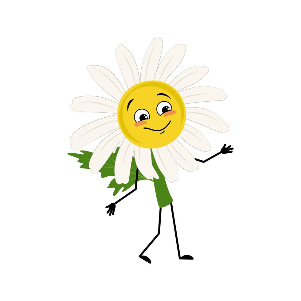Chamomile character with happy emotion, joyful face, smile eyes, arms and legs. Person with funny expression, daisy flower hero. Vector flat illustration