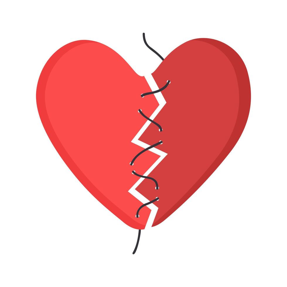 Red heart, torn into 2 parts and sewn with thread. Concept of broken love, sad end of relationship, lack of care and help. Vector flat illustration