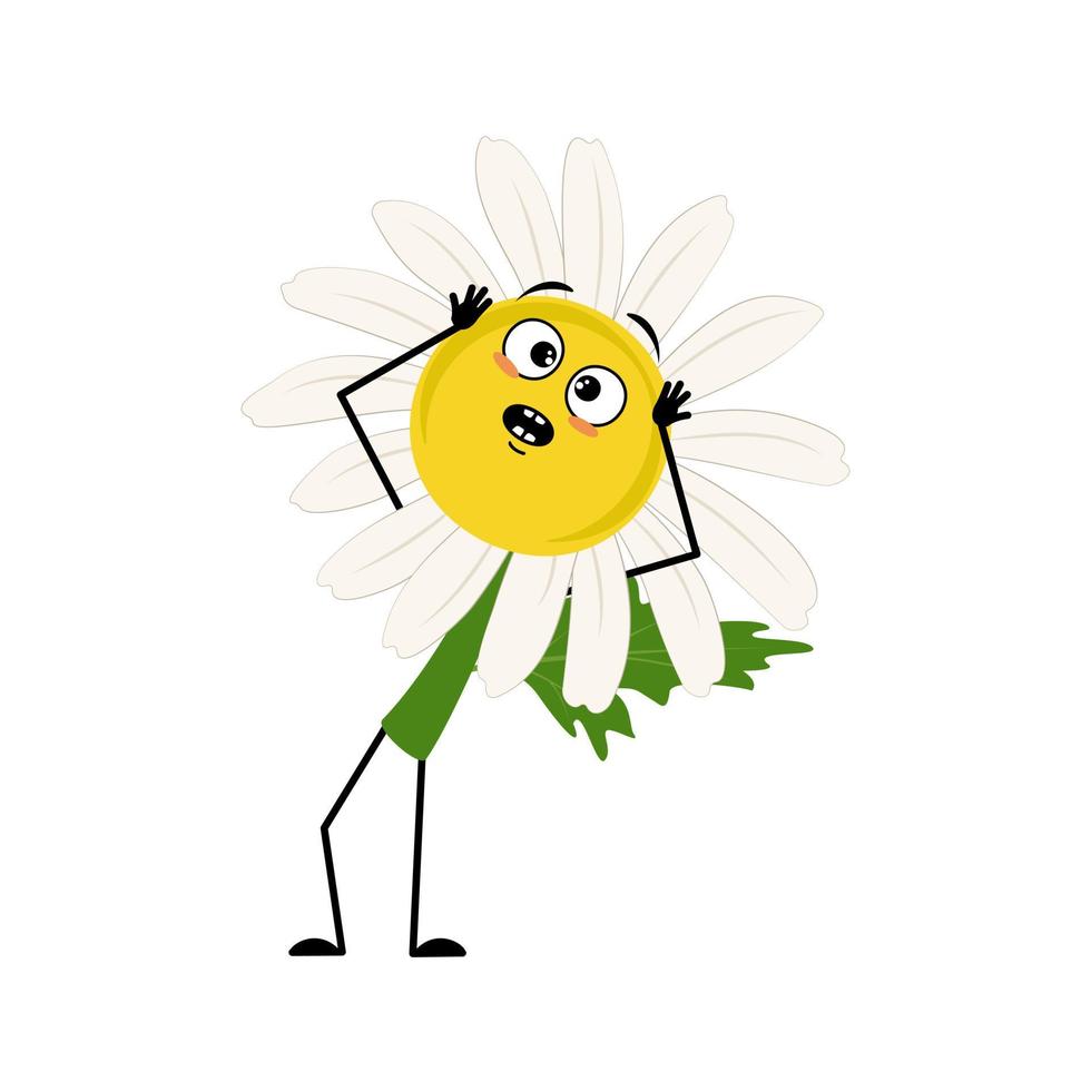 Chamomile character with emotions in panic grabs his head, surprised face, shocked eyes, arms and legs. Person with scared expression, daisy flower. Vector flat illustration