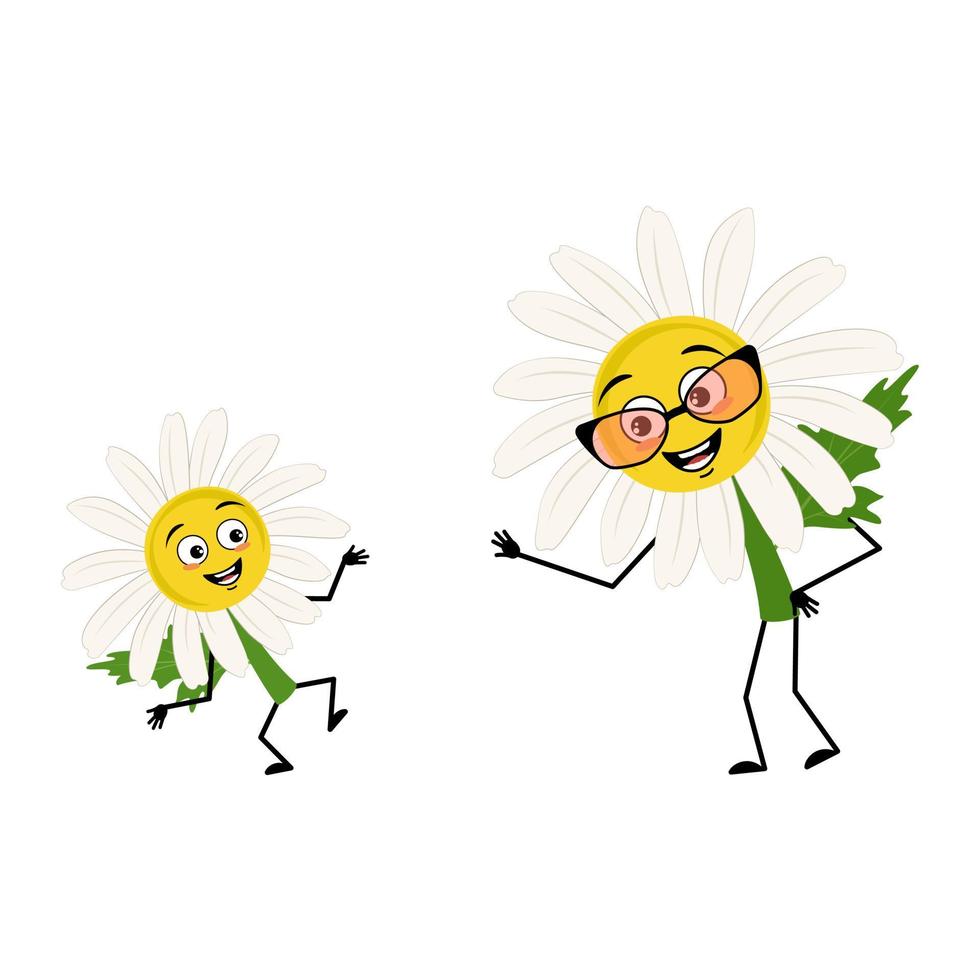 Chamomile character with glasses and grandson dancing character with happy emotion, joyful face, smile eyes, arms and legs. Person with expression, daisy flower. Vector illustration