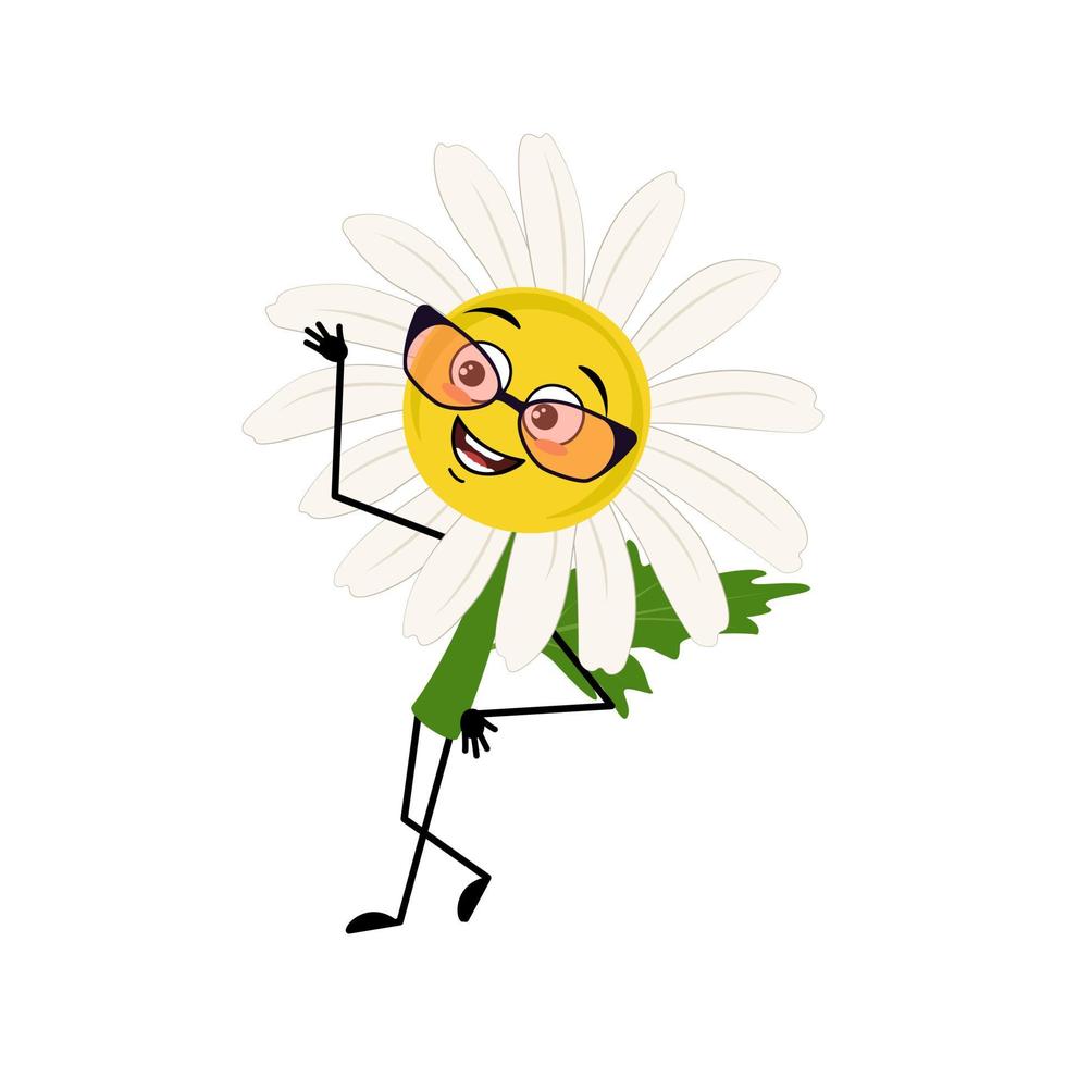 Chamomile character with glasses and happy emotion, face, smile eyes, arms and legs. Person with expression, daisy flower. Vector illustration