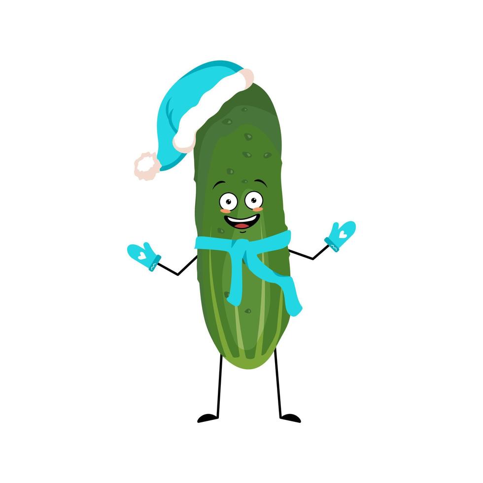 personaje de pepino en sombrero de santa con emoción feliz, cara alegre, ojos sonrientes, brazos y piernas. persona con expresión graciosa, verdura verde o emoticono. ilustración plana vectorial vector