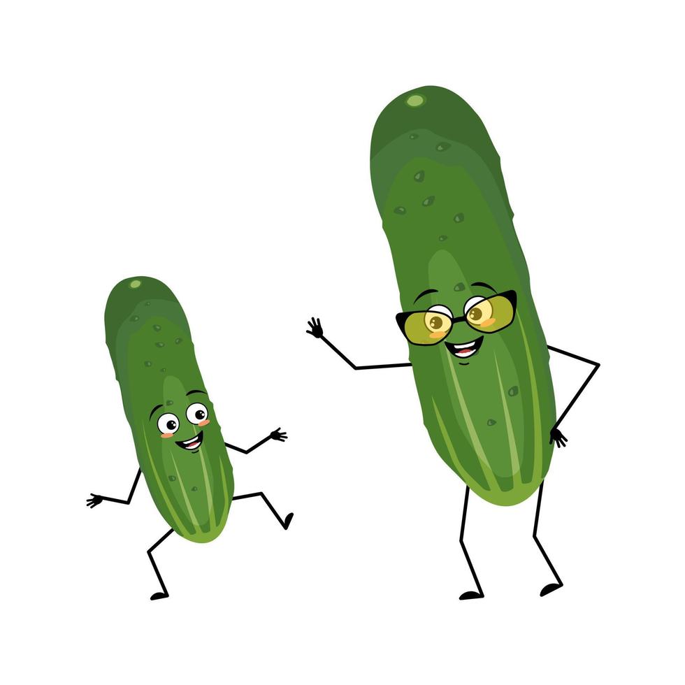 Cucumber character with glasses and grandson dancing character with happy emotion, joyful face, smile eyes, arms and legs. Person with expression, green vegetable or emoticon. Vector flat illustration