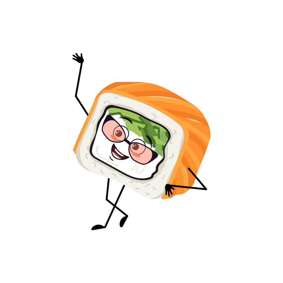Sushi character with glasses and happy emotion, joyful face, smile eyes, arms and legs. Person with funny expression, asian food emoticon vector