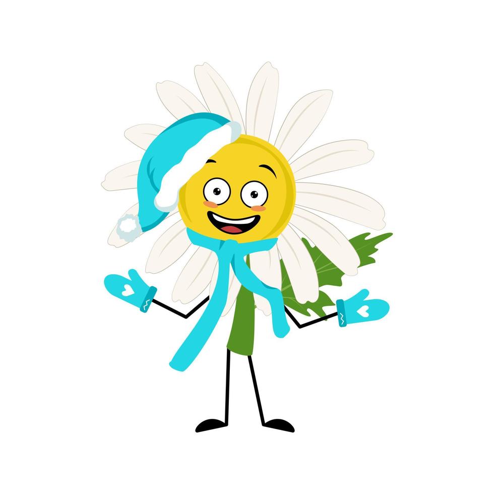 Chamomile character in Santa hat with happy emotion, joyful face, smile eyes, arms and legs. Person with funny expression, daisy flower hero. Vector flat illustration