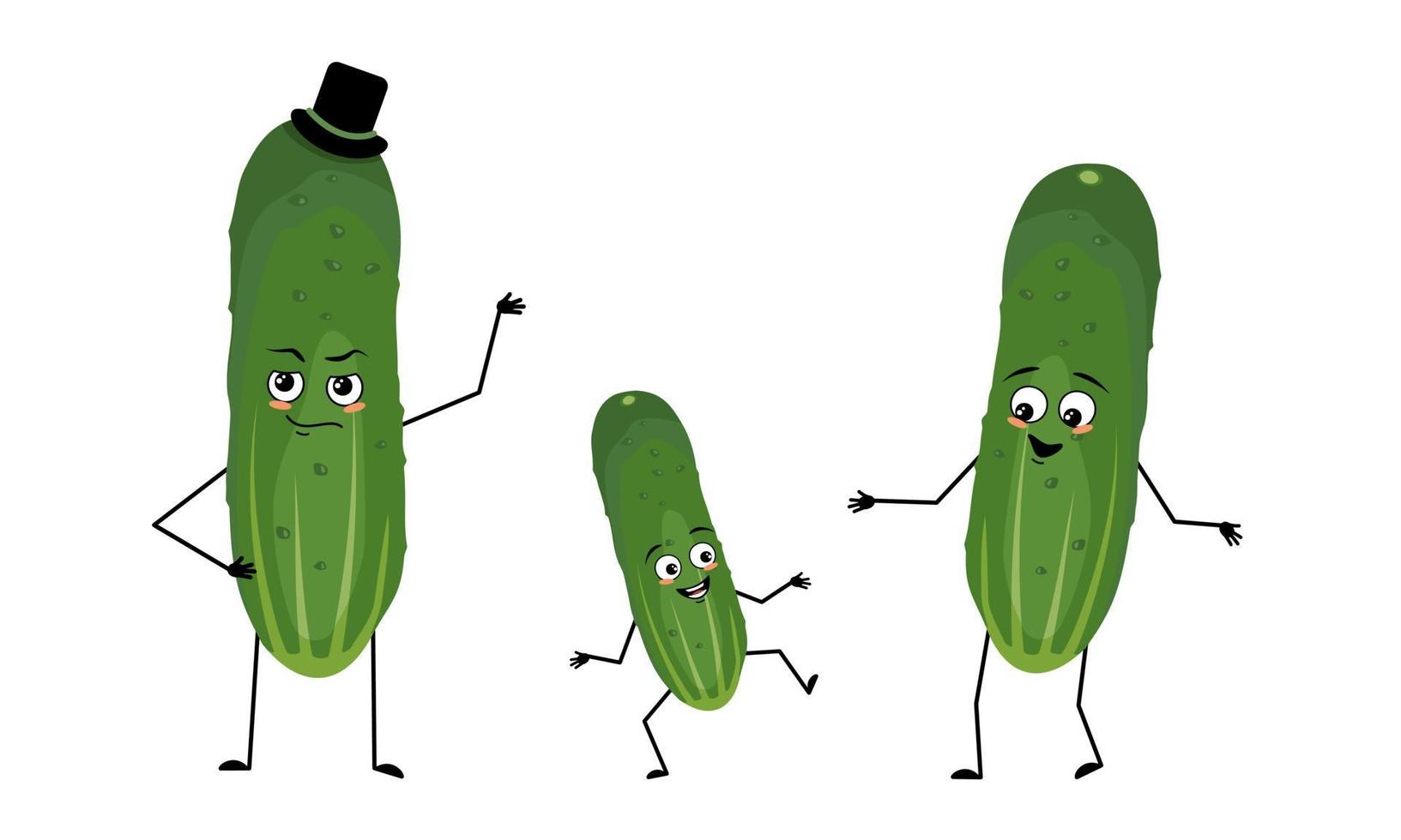 familia de personajes de pepino con emociones felices, cara sonriente, ojos felices, brazos y piernas. mamá está feliz, papá lleva sombrero y el niño baila. ilustración plana vectorial vector