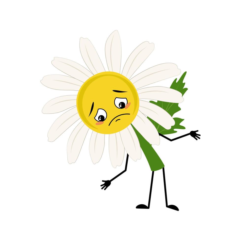 Chamomile character with sad emotions, depressed face, down eyes, arms and legs. Person with melancholy expression, daisy flower. Vector flat illustration