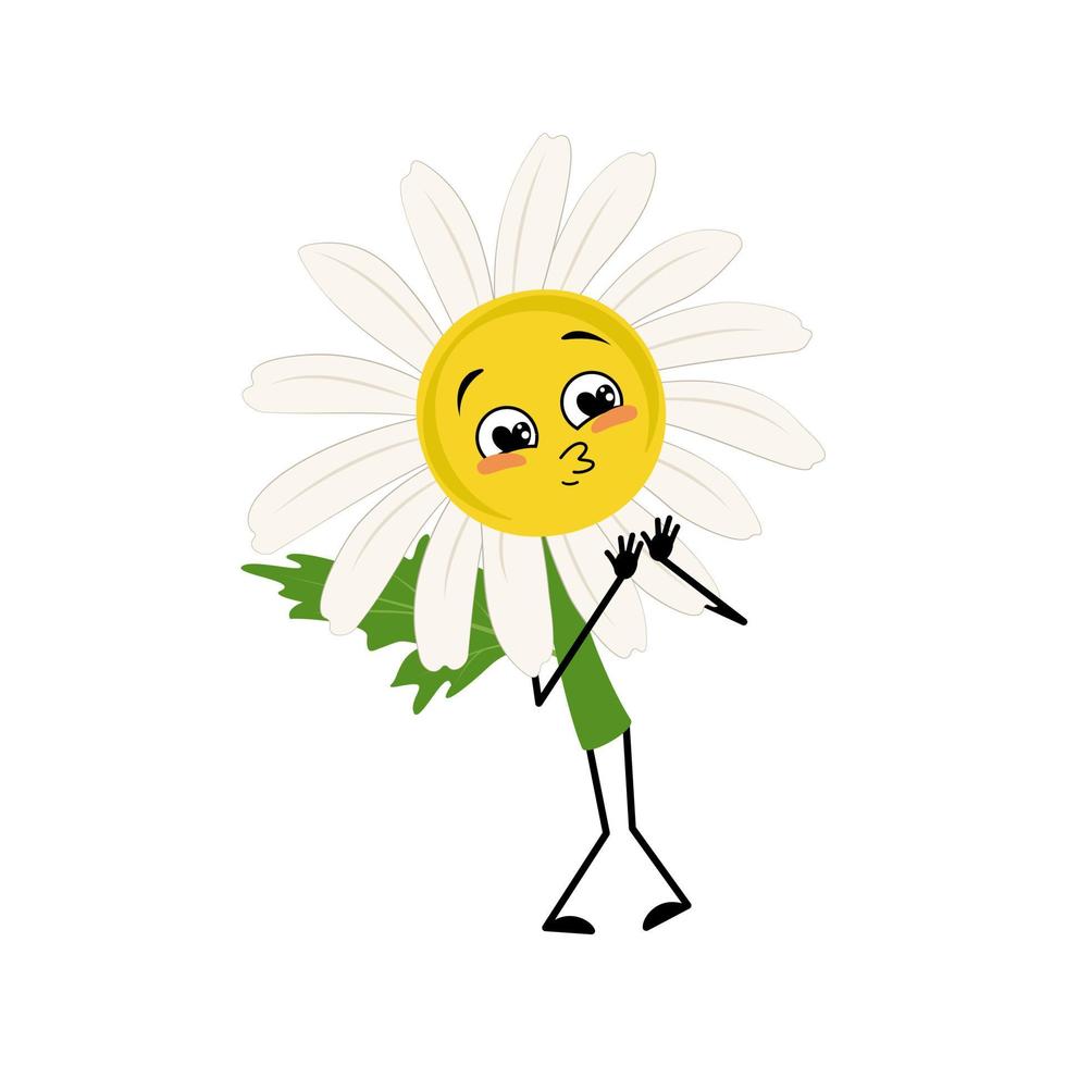 Chamomile character with love emotions, smile face, arms and legs. Person with happy expression, daisy flower hero. Vector flat illustration