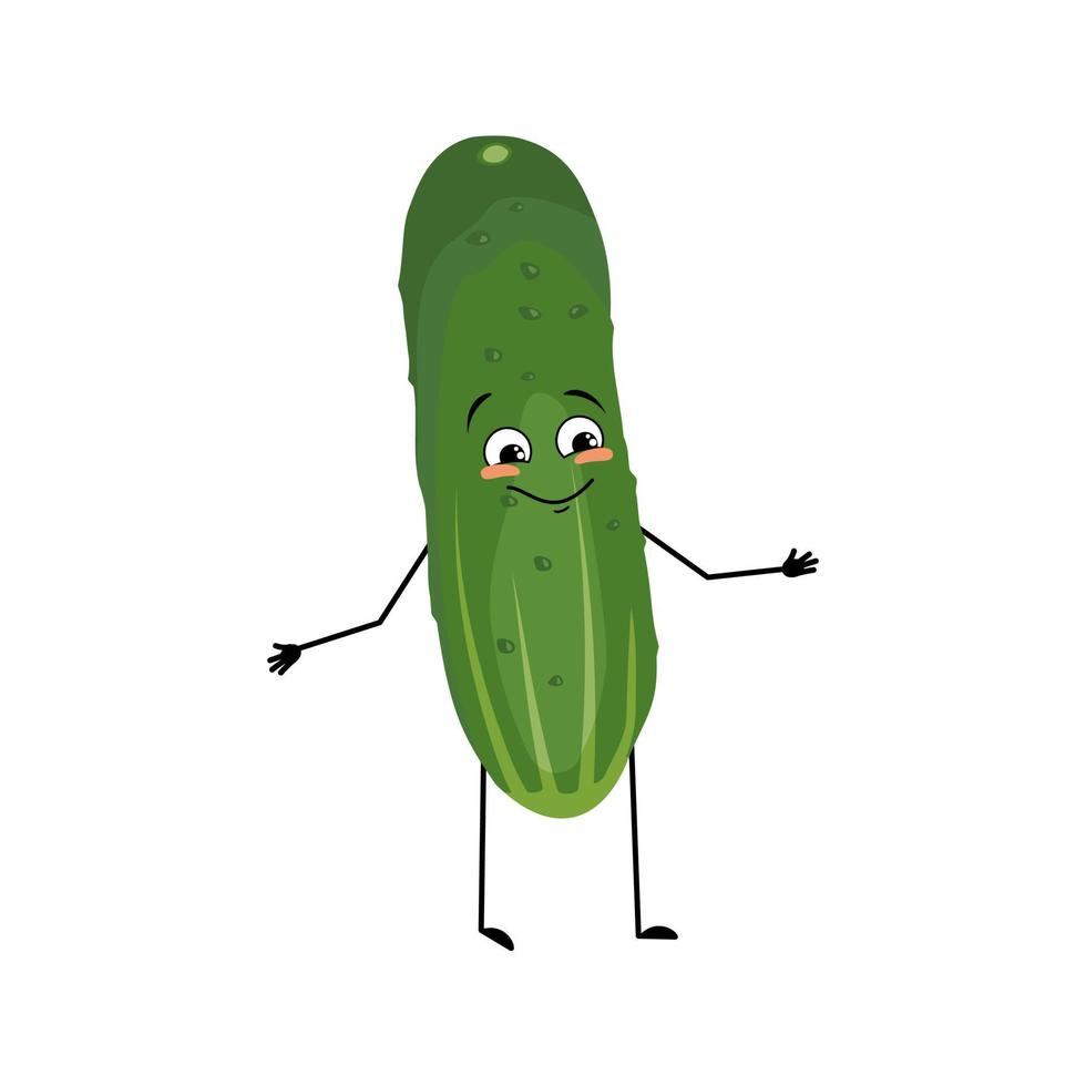 personaje de pepino con emoción feliz, cara alegre, ojos sonrientes, brazos y piernas. persona con expresión, verdura verde o emoticono. ilustración plana vectorial vector