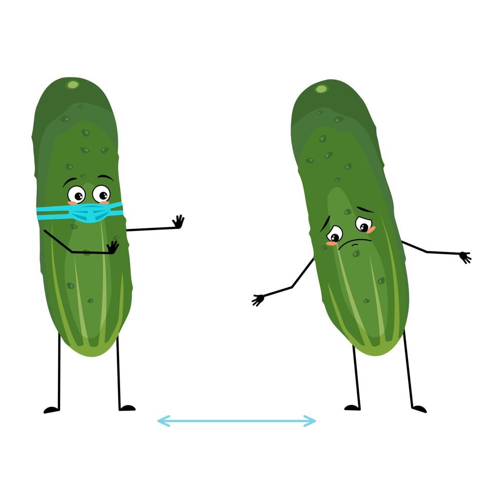 Cucumber character with sad emotions, face and mask keep distance, arms and legs. Person with care expression, green vegetable emoticon. Vector flat illustration