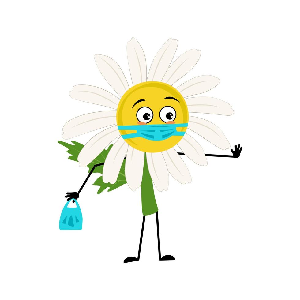 personaje de manzanilla con emociones tristes, cara y máscara mantienen distancia, manos con bolsa de compras y gesto de parada. persona con expresión de cuidado, flor de margarita. ilustración plana vectorial vector