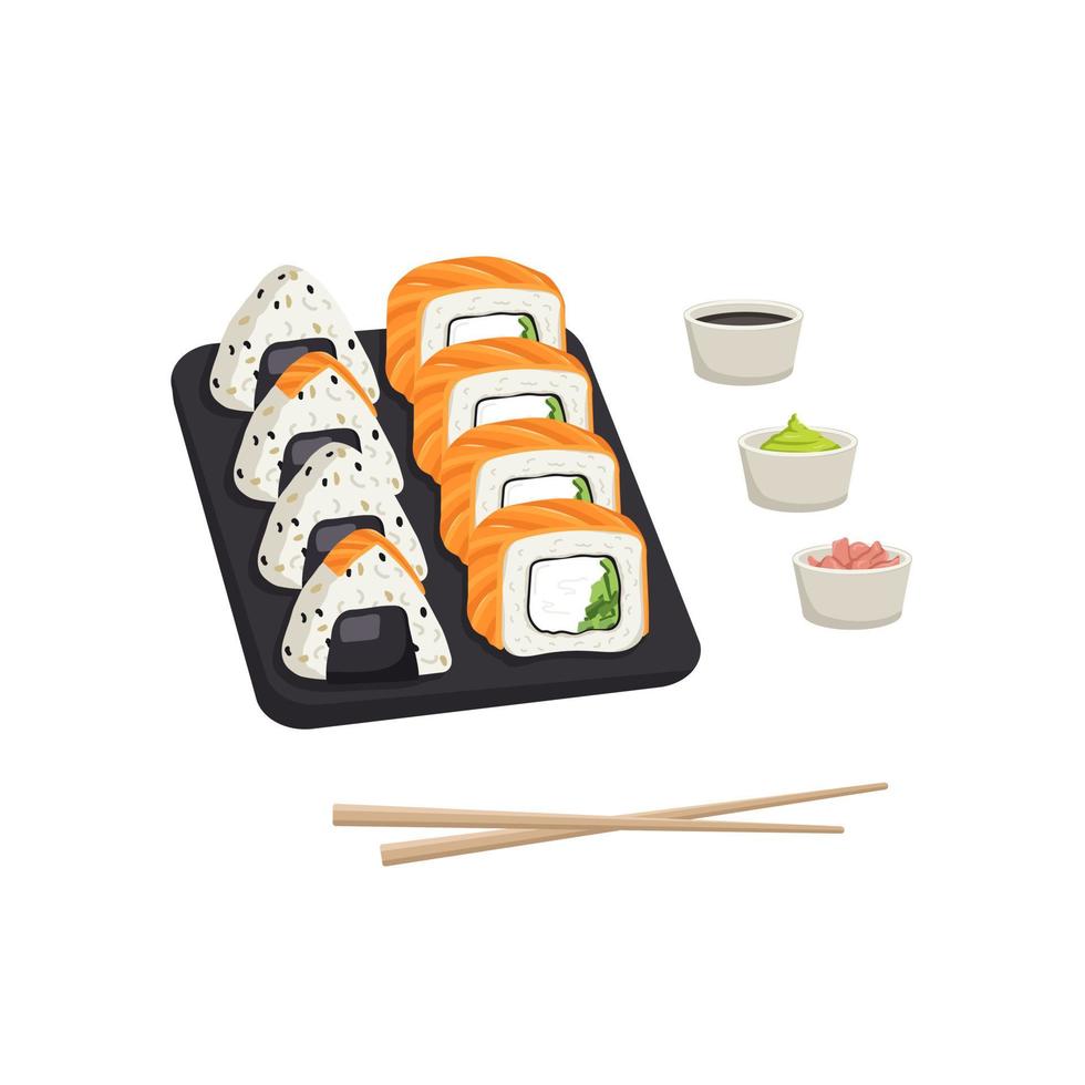 ambientado con plato de sushi japonés, rollos y onigiri. deliciosa comida tradicional oriental en bandeja negra con palillos, jengibre, wasabi y salsa de soja. ilustración de comida plana de vector