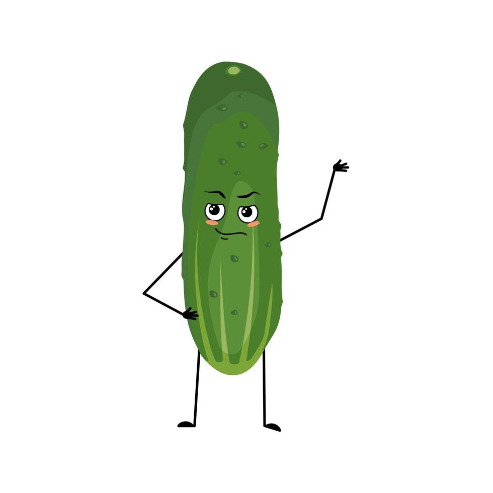 Cucumber character with emotions of hero, brave face, arms and leg. Person with courage expression, green vegetable or emoticon. Vector flat illustration