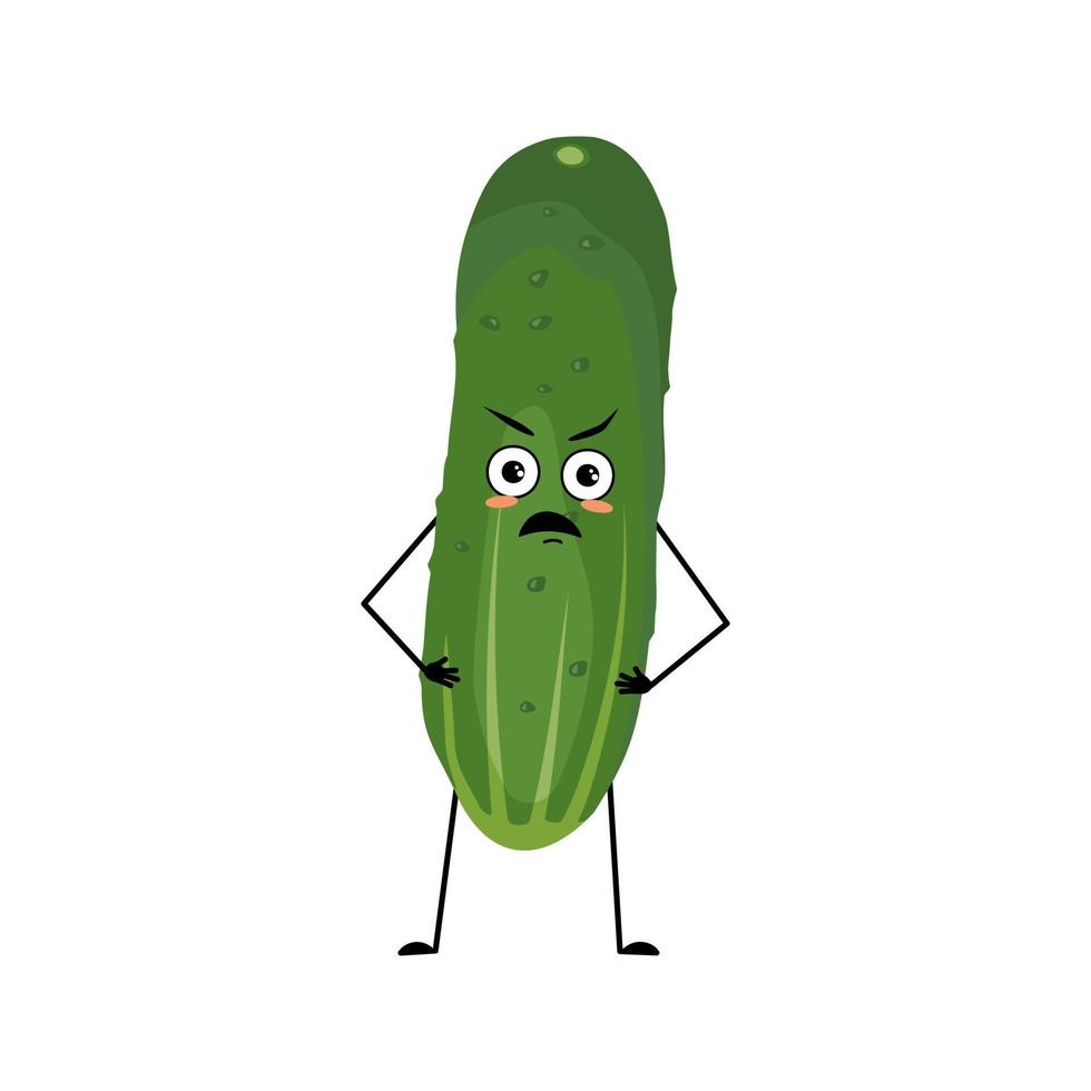 Cucumber character with angry emotions, grumpy face, furious eyes, arms and legs. Person with irritated expression, green vegetable or emoticon. Vector flat illustration