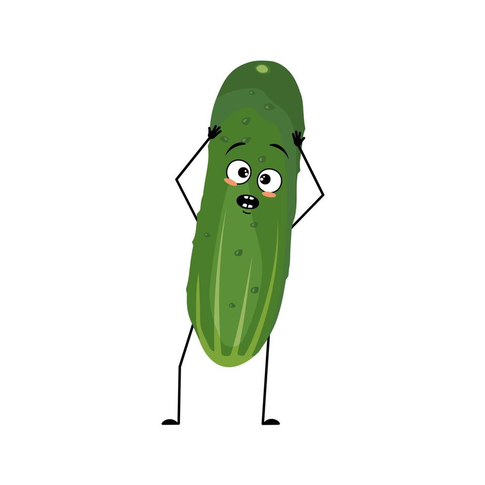 el personaje de pepino con emociones en pánico agarra su cabeza, cara sorprendida, ojos, brazos y piernas conmocionados. persona con expresión asustada, verdura verde o emoticono. ilustración plana vectorial vector