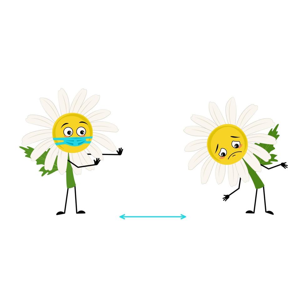 Chamomile character with sad emotions, face and mask keep distance, arms and legs. Person with care expression, daisy flower. Vector flat illustration