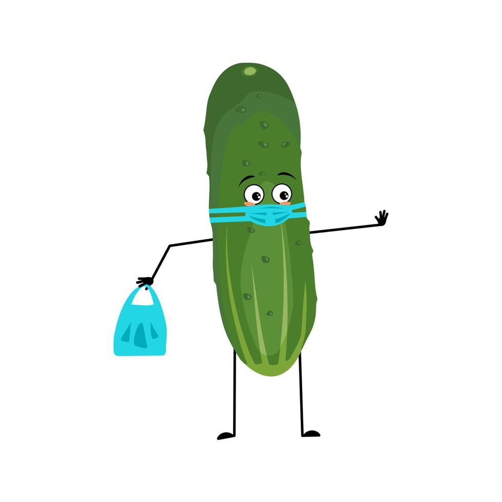 Cucumber character with sad emotions, face and mask keep distance, hands with shopping bag and stop gesture. Person with care expression, green vegetable emoticon. Vector flat illustration