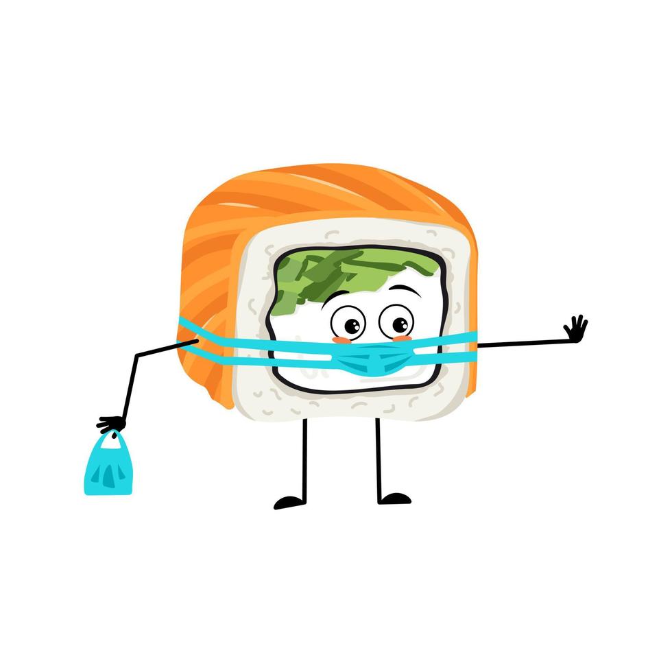 Sushi character with sad emotions, face and mask keep distance, hands with shopping bag and stop gesture. Person with care expression, asian food emoticon. Vector flat illustration