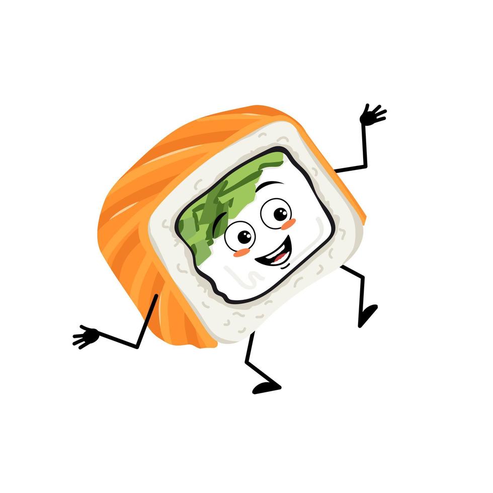 Sushi character with joyful emotions, happy face, smile, eyes, arms and legs. Person with funny expression, asian food emoticon. Vector flat illustration