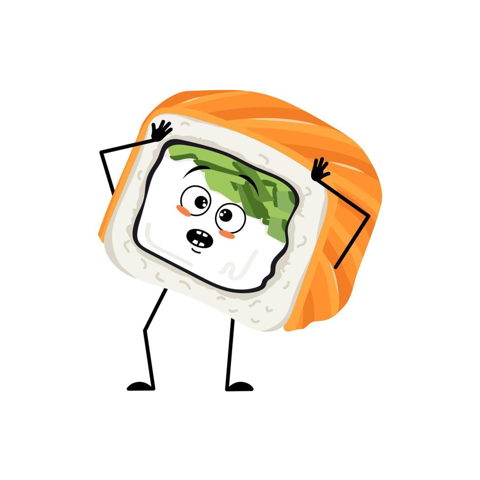 Sushi character with emotions in panic grabs his head, surprised face, shocked eyes, arms and legs. Person with scared expression, asian food emoticon. Vector flat illustration