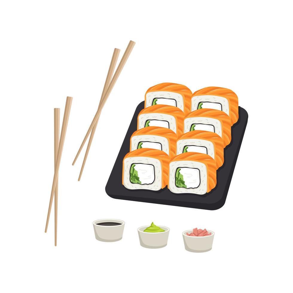 Set with japanese sushi dish, rolls with salmon fish. Delicious oriental traditional food on black tray with chopsticks, ginger, wasabi and soy sauce. Vector flat food illustration