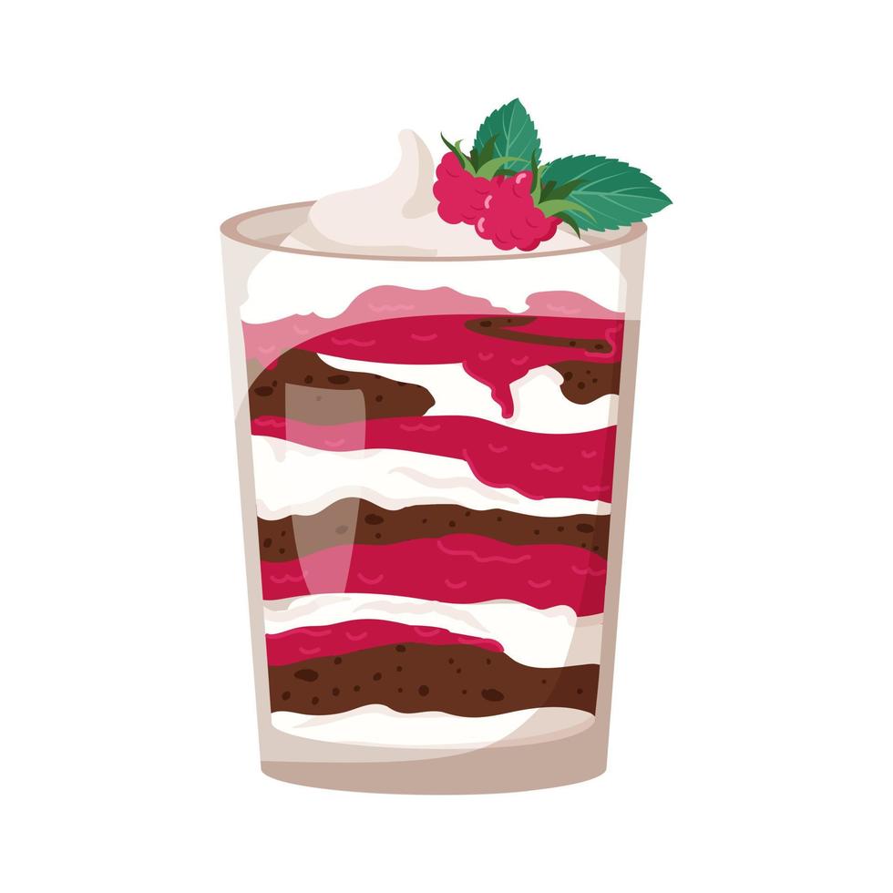 delicioso bizcocho de hojaldre con galleta de chocolate, frambuesas, nata y frutos del bosque. postre dulce. ilustración plana vectorial vector