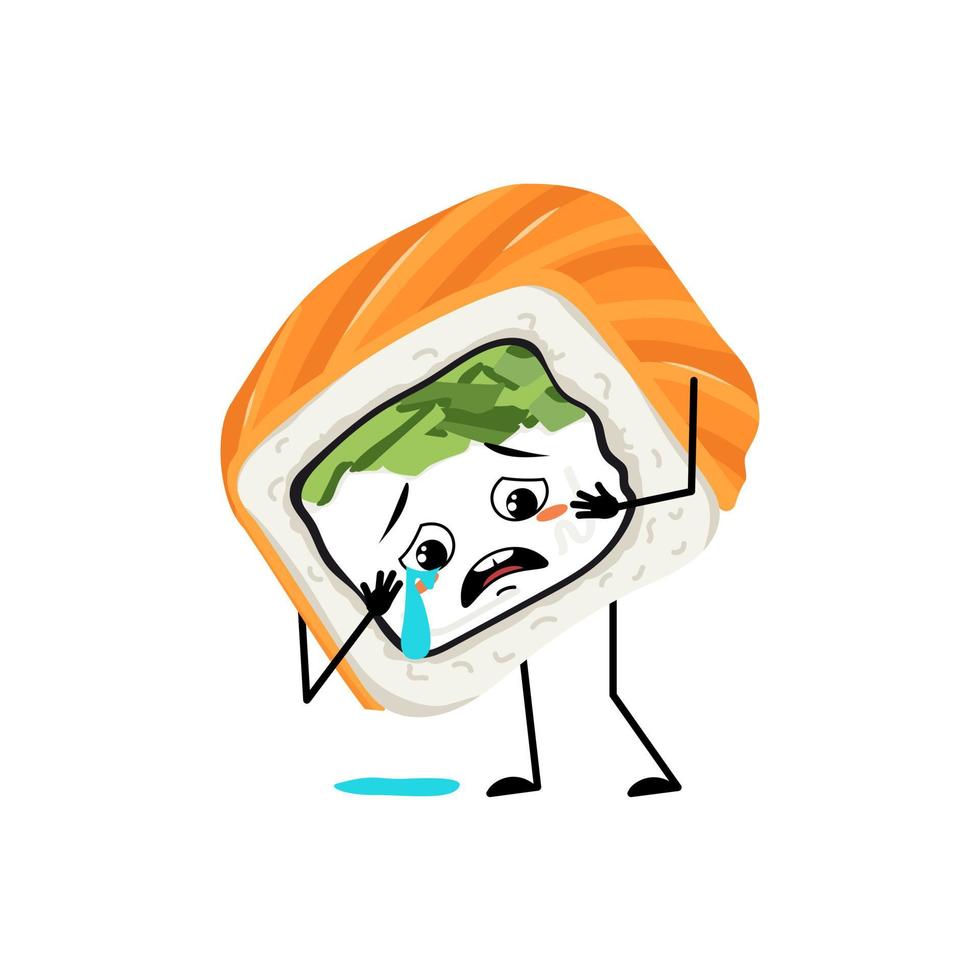 personaje de sushi con emoción de llanto y lágrimas, cara triste, ojos depresivos. persona con expresión melancólica, emoticono de comida asiática. ilustración plana vectorial vector