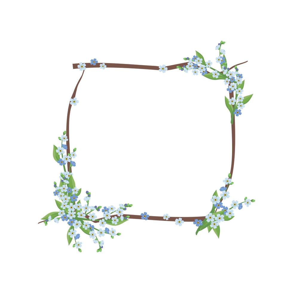 Square wreath of blue forget me not flowers. Spring blooming composition or frame with buds and leaves. Festive decoration for wedding, holiday, postcard and design. Vector flat illustration