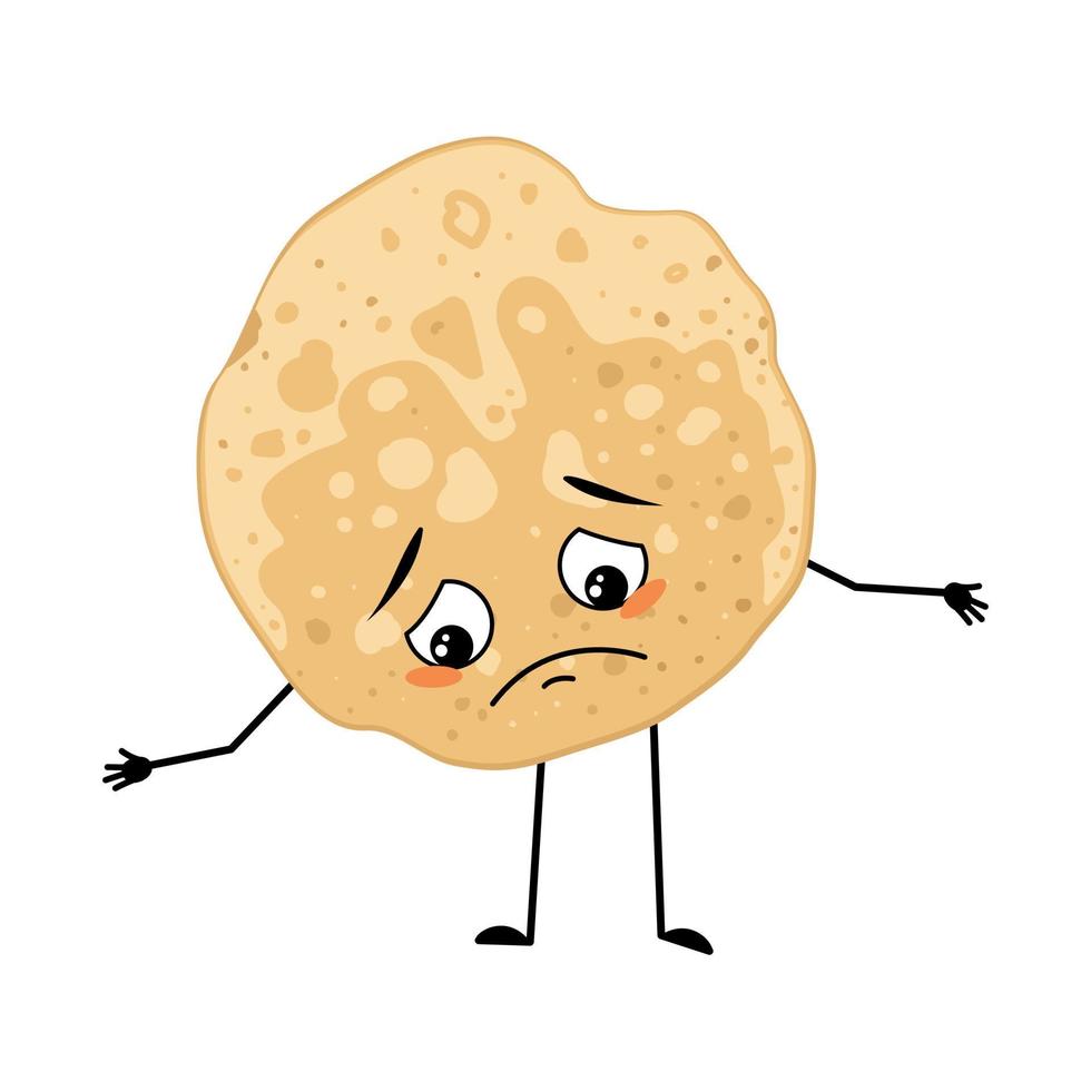 Pancake character with sad emotions, depressed face, down eyes, arms and legs. Baking person, homemade pastry with melancholy expression. Food emoticon for carnival or Maslenitsa vector