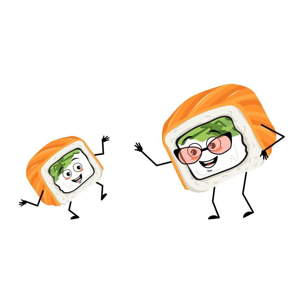 Sushi grandmother with glasses and grandson dancing character with happy emotion, joyful face, smile eyes, arms and legs. Vector flat illustration